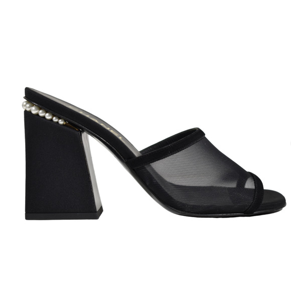 Chanel 22A Black Mesh Pearl CC Logo Block Heel Backless Mule Sandal Pump 40.5 - Picture 1 of 12